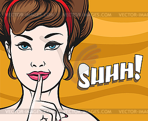 Woman with Finger on her Lips Showing Hush and - vector clipart