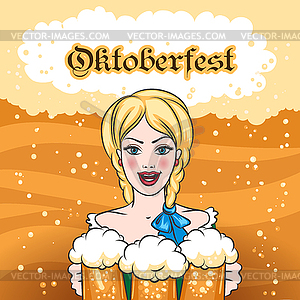 Girl with Beer Mugs Emblem - vector clipart