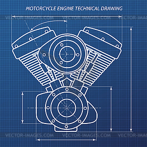 Двигатель мотоцикла технический чертеж - векторизованное изображение