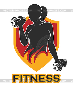 Fitness Emblem with training girl and shield - vector image