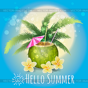 Hello Summer Holiday with cocktail and tropical flo - vector clip art