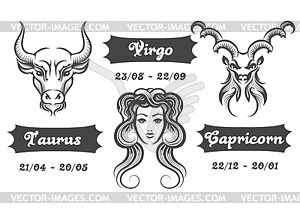 Zodiac signs of Virgo Taurus and Capricorn - vector clip art