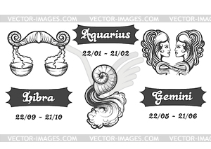 Zodiac signs of Libra Aquarius and Gemini - vector clipart