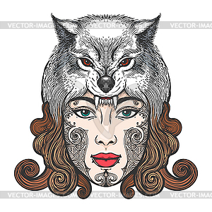 Girl with mask of wolf - vector clip art