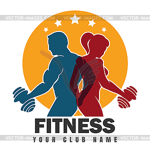 Fitness club emblem with training bodybuilders - vector EPS clipart