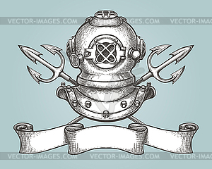 Diving helmet with tridents and ribbon - vector image