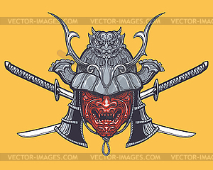 Japanese Samurai Mask with crossed swords - vector clipart