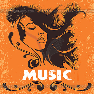 DJ Girl in headphones music retro poster - vector image