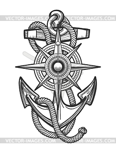 Anchor with Compass Engraving - vector clipart