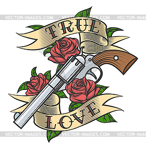 Tattoo with Revolver and Roses - vector image