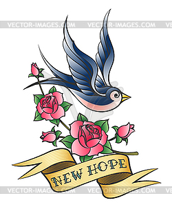 Love Tattoo with Swallow and Branch of Rose - vector clipart