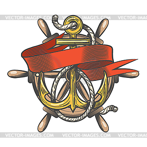 Anchor with ribbon and steering wheel Emblem - vector clip art