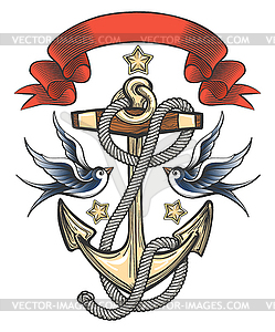 Anchor with Swallows and Ribbon - vector clipart