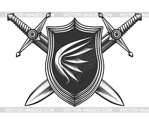 Two Sword with Shield - white & black vector clipart