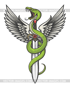Snake with Wings on Sword - vector clip art
