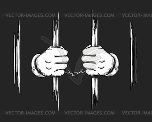 Hands in Cuffs Holding Prison Bars - vector clipart