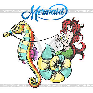 Mermaid with Sea Horse - vector EPS clipart