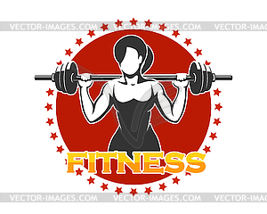 Woman holds Barbell Fitness Emblem - vector clip art