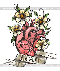Human Heart with Flowers - vector clipart
