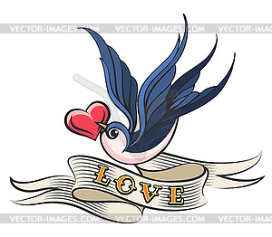 Swallow with Heart and Ribbon Tattoo - vector clipart