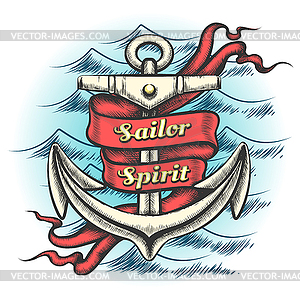 Anchor with Ribbon Tattoo - vector image