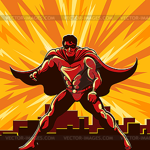 Superhero Watching Over City - vector clipart