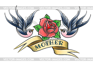 Old School Tattoo with Swallows and Rose Flower - vector clipart