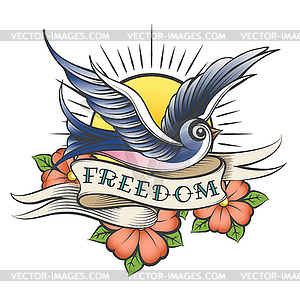 Old School Tattoo with Bird and Wording Freedom - vector clipart