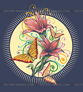 Orchids and butterflies handdrawn - vector clipart
