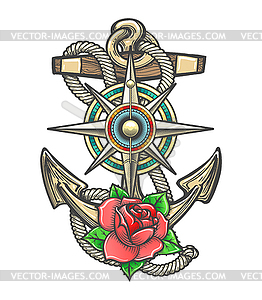 Anchor with Compass Windrose and Rose Flower - vector clip art