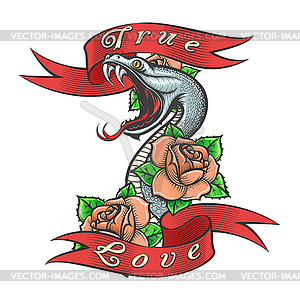 Tattoo of Snake in Rose flowers and lettering True - vector clip art