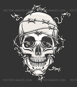 Человеческий череп в колючей проволоке - векторный графический клипарт