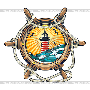 Steering Ship Wheel with Lighthouse Inside - vector image