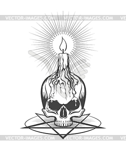 Skull and Burning Candle on Pentagram - vector image