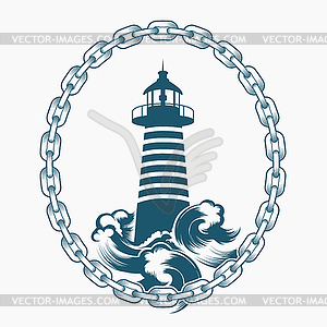 Lighthouse in Circle of Chains Engraving Emblem - vector image