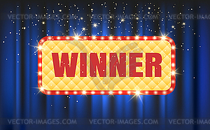 Winner Light Bulb Frame on Blue Curtain Background - vector image