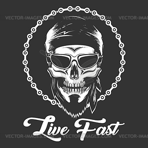 Biker Skull in glasses with wording Live Fast - vector clipart