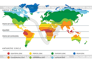 World Climate Map with Temperature Zones - color vector clipart