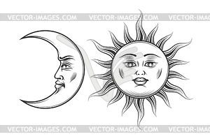 Art Sun and Crescent Moon Engraving - vector clipart