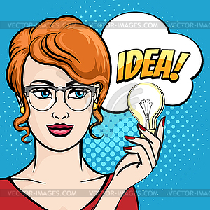 Woman Holds Light Bulb with Speech Bubble drawn in - vector image