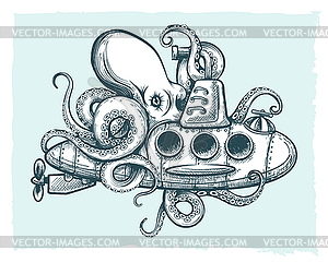 Giant octopus plays with submarine.  - vector image