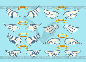 Flying Angel Wings with Gold Nimbus Set - vector clipart