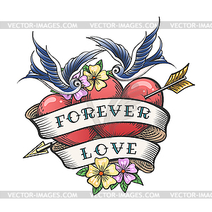 Old School Tattoo with Swallows and Hearts - vector image
