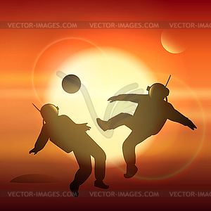 Astronauts plays football on planet Mars - vector clip art