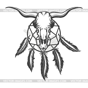 Bull skull and dream catcher tattoo - vector image