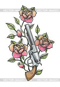 Revolver with Rose flowers Colorful Tattoo - vector image