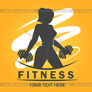 Фитнес логотип с женщиной, поднятие тяжестей - изображение в векторном формате