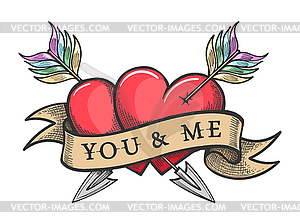 Two Hearts Pierced by Arrows and Ribbon with - vector image