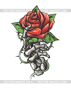 Skeleton Hand Holding Rose Flower Drawn in Vintage - vector clip art