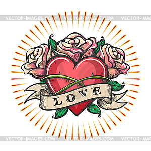Love Theme Tattoo with Heart and Rose Flowers - vector clipart
